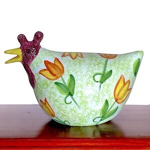 CBK Ltd Vintage Rooster Chicken Hand Painted Ceramic Yellow Tulip Pattern 1999